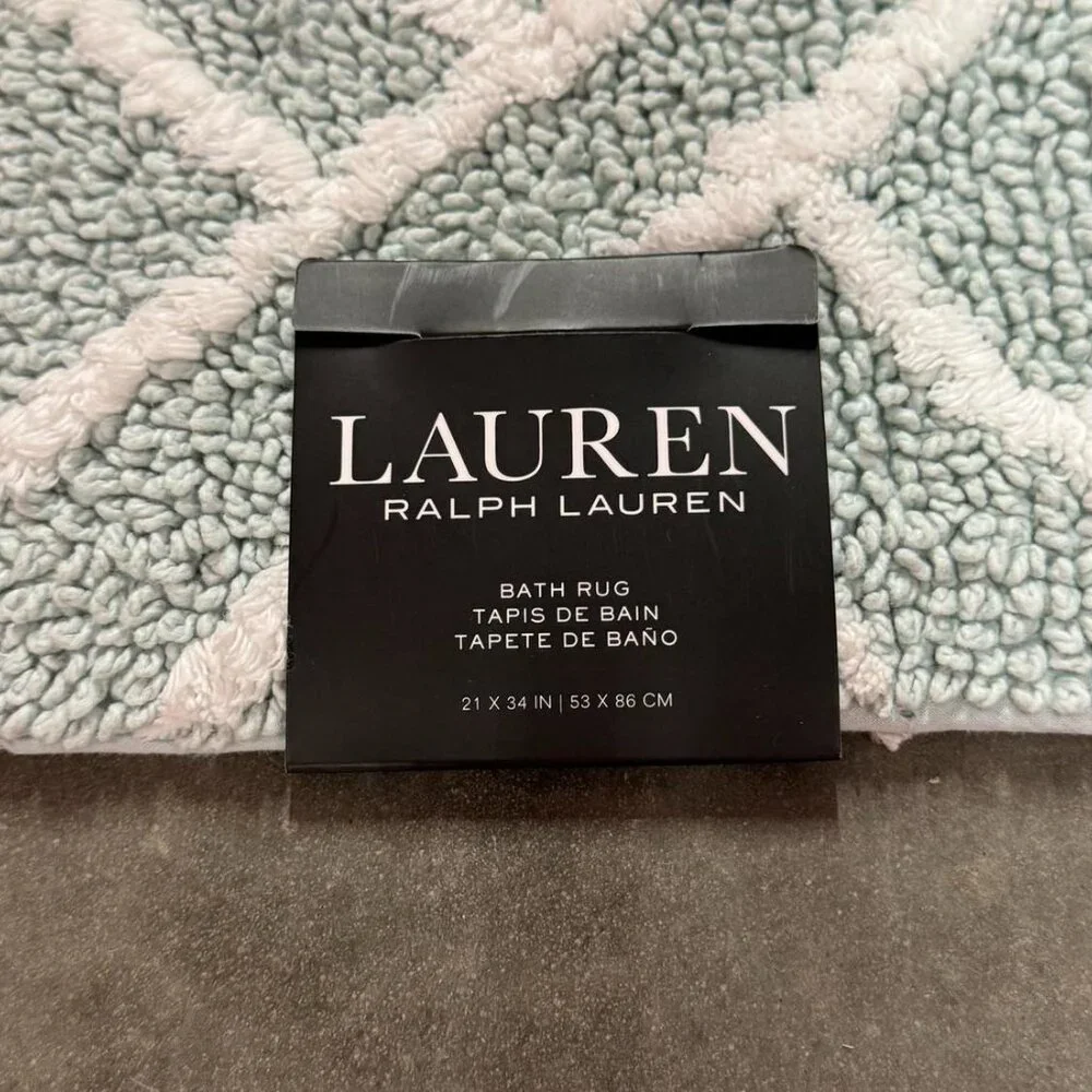 Ralph Lauren 21 x 34 Mint Green White Bath Mat Rug Geometric Striped Cotton